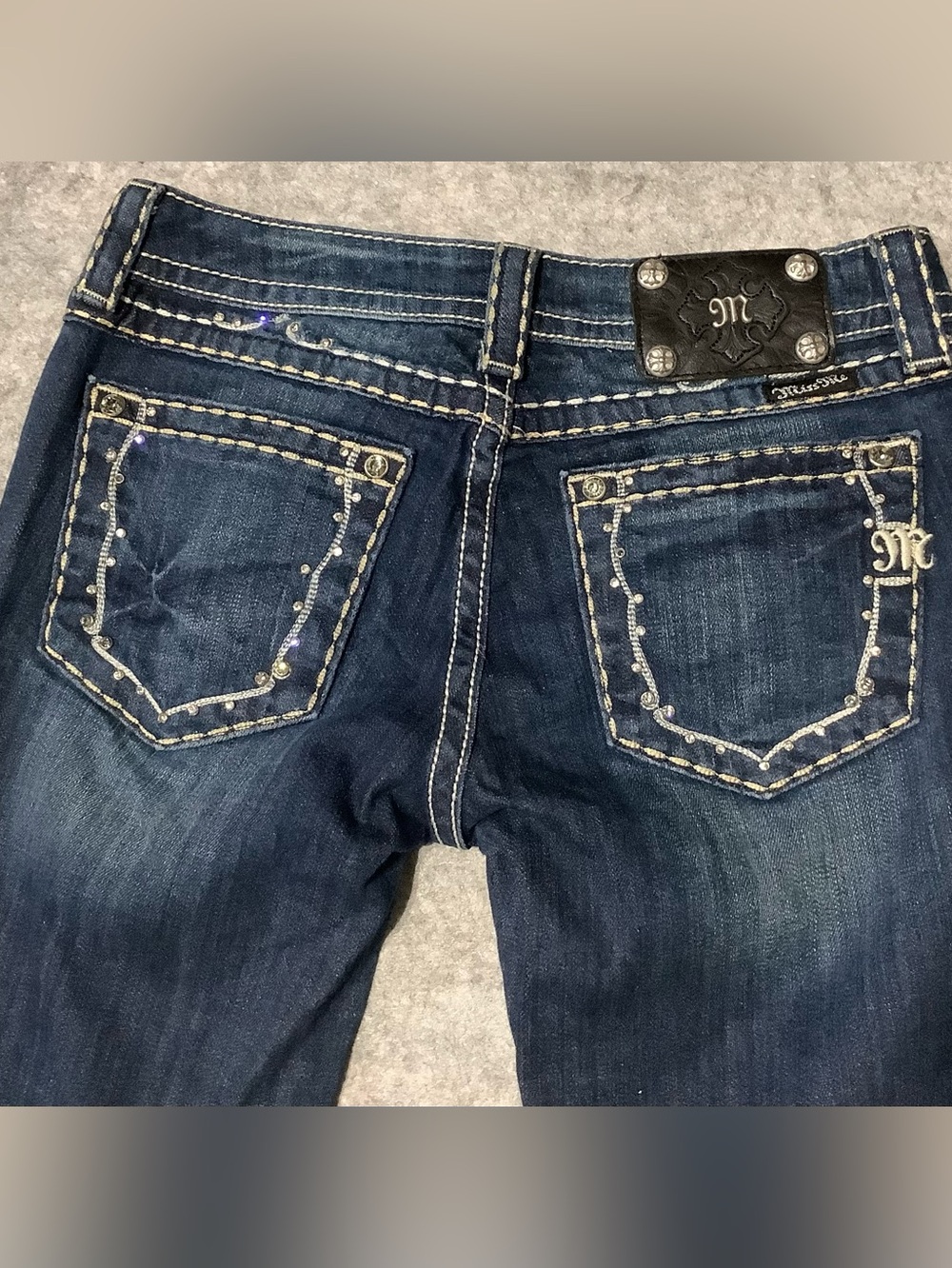 Miss Me Dark Blue Rhinestone Embellished Pocket Skinny Jeans